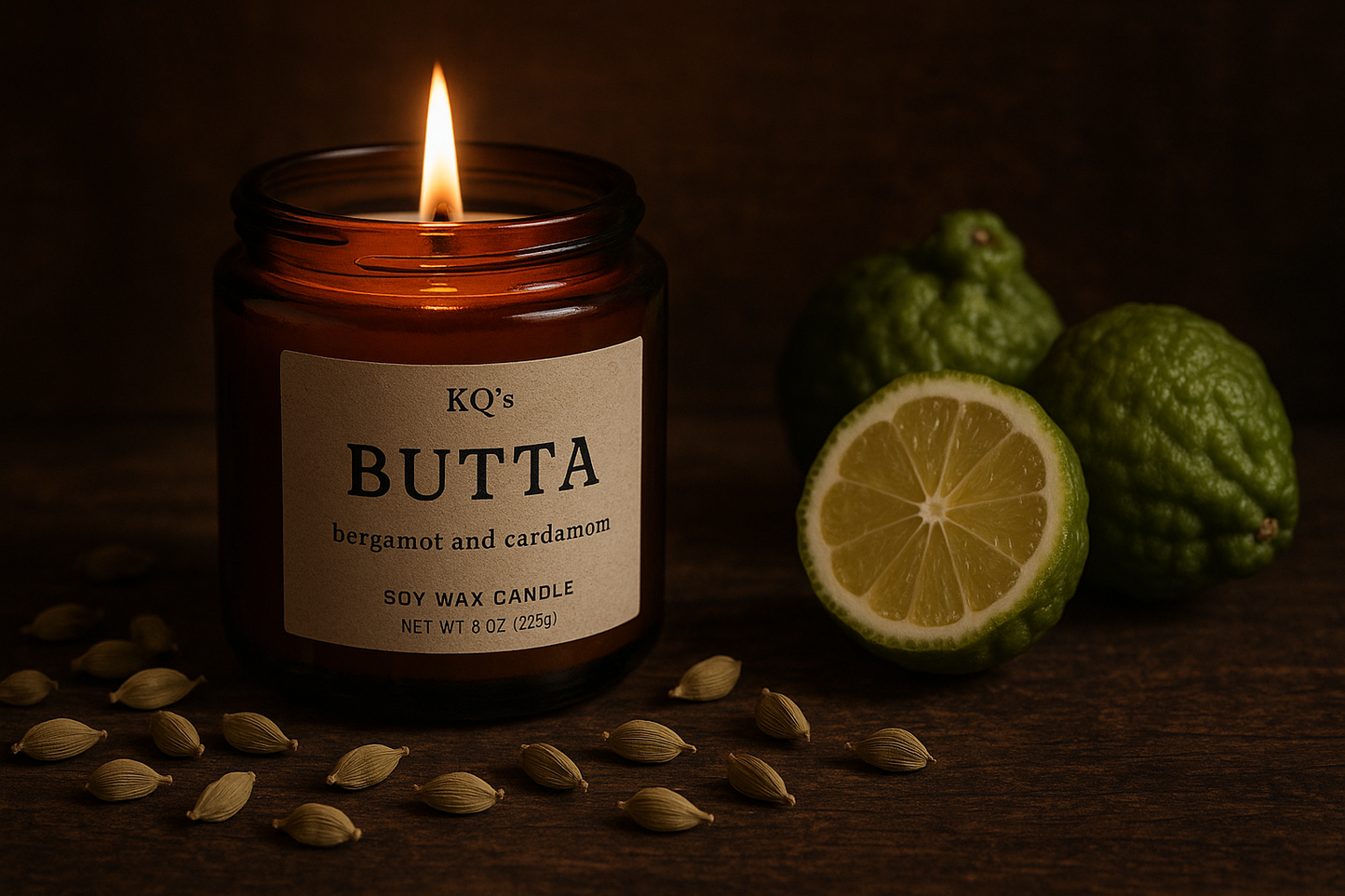 KQ's BUTTAs bergamot and Cardamom Soy Wax Candle on a dark rustic wood surrounded by Cardamom seeds and Bergamot fruits