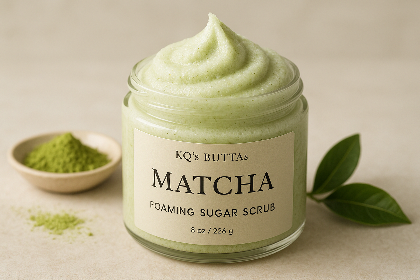 KQ's BUTTAs Foaming Exfoliating light green Matcha Scented Sugar Scrub
