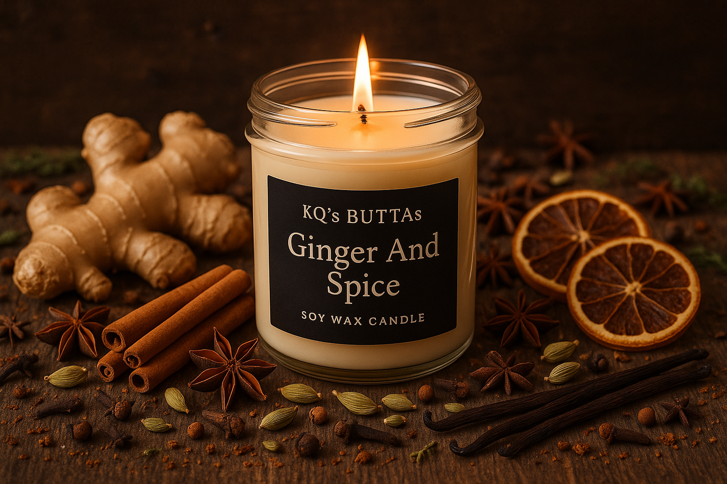 KQ's BUTTAs Ginger And Spice Soy Wax candle surrounded by ginger and spice and everything nice