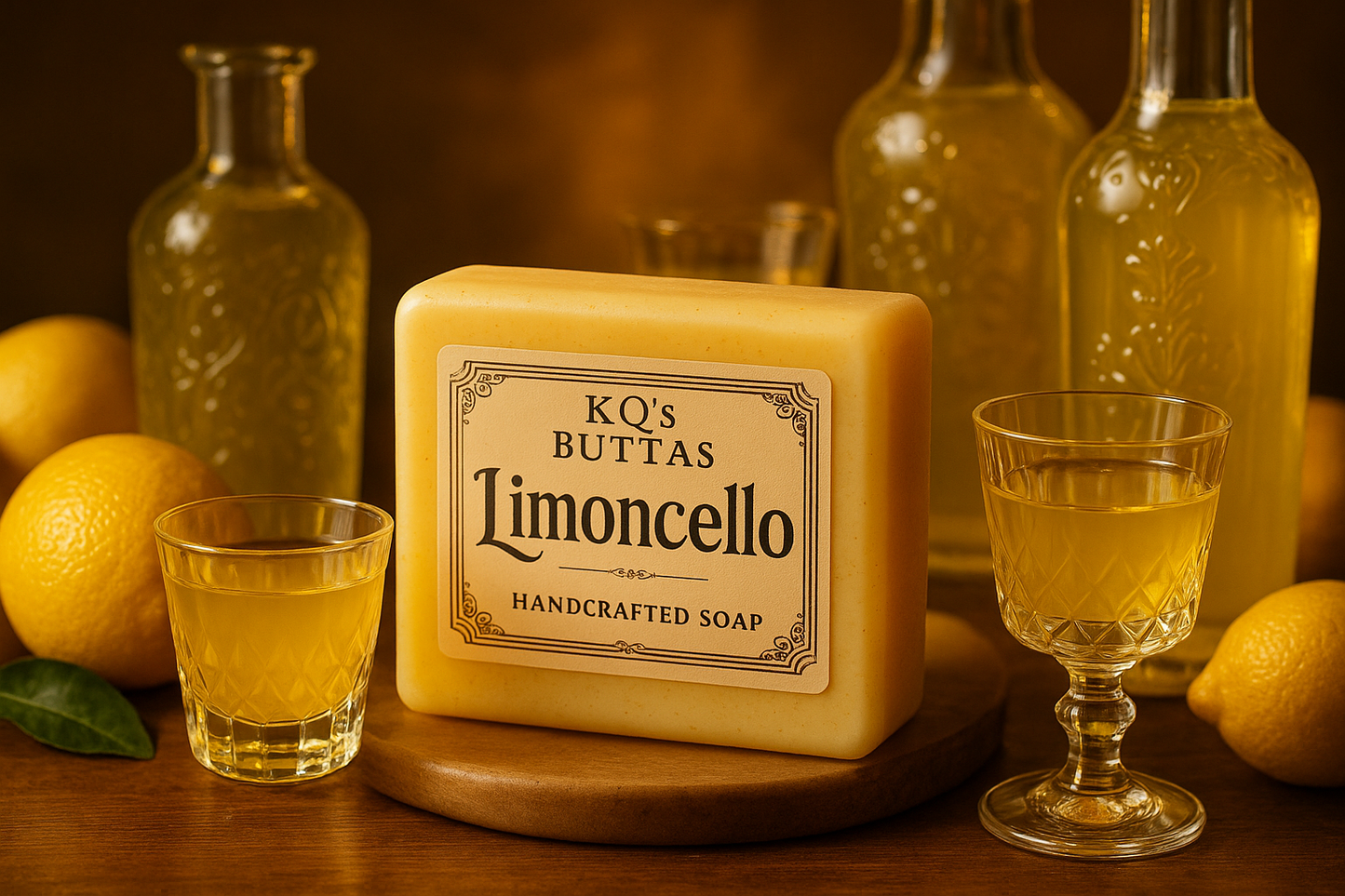 KQ's BUTTAs Limoncello rectangular bar soap surrounded by limoncello liquor