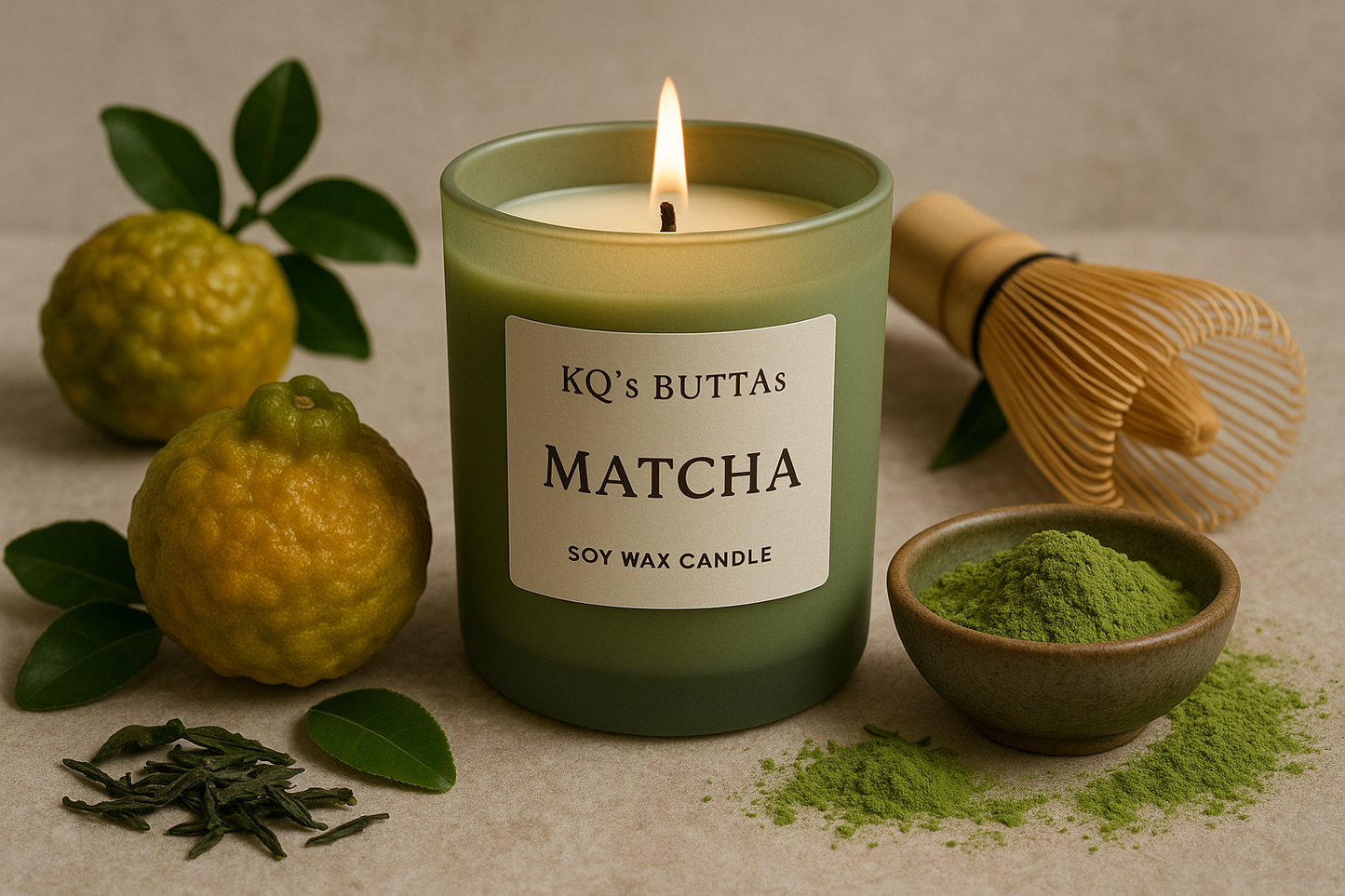 KQ's BUTTAs Matcha Soy Wax Candle surrounded by bergamot and Matcha tea