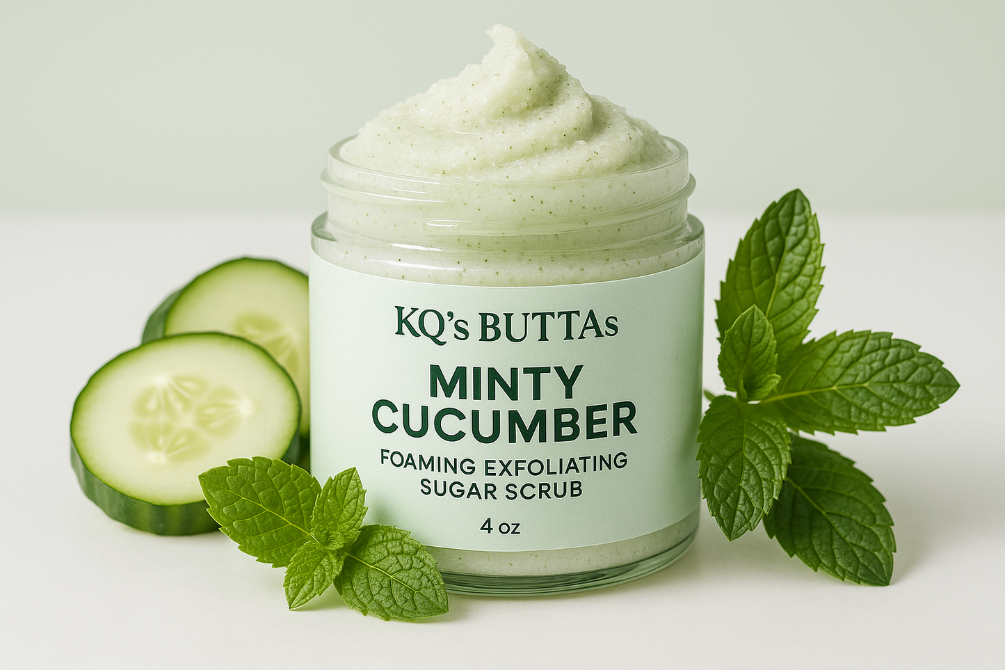 KQ's BUTTAs Minty Cucumber Foaming Exfoliating Sugar Scrub 4 oz