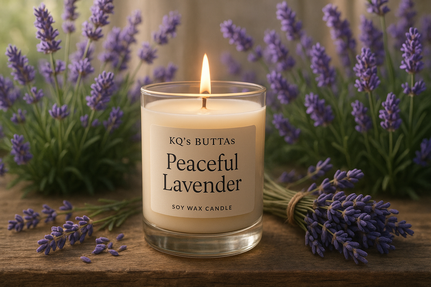 KQ's BUTTAs Peaceful Lavender Soy Wax Candle in a peaceful setting surrounded by lavender