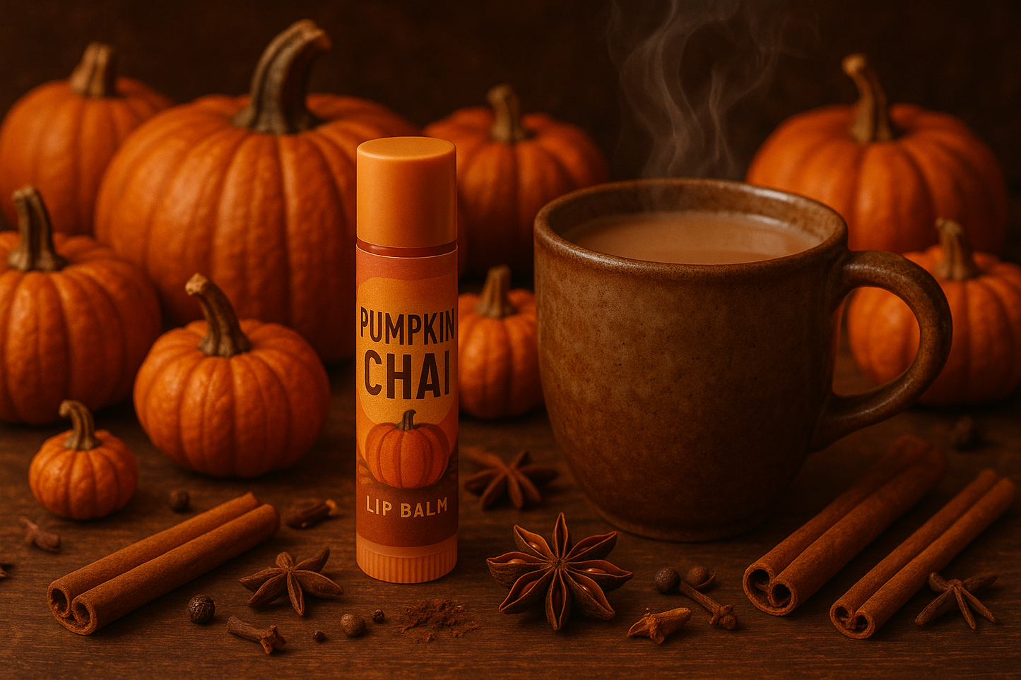 pumpkin chai lip balm surrounded by pumpkins with a cup of warm chai