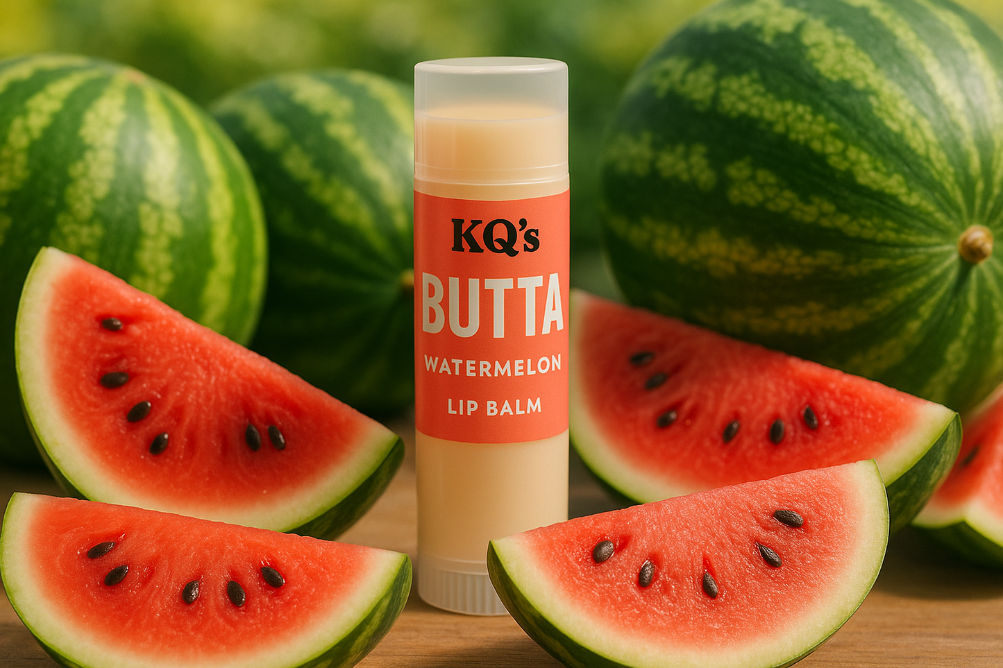 tube of KQ's BUTTAs watermelon lip balm surrounded by watermelons
