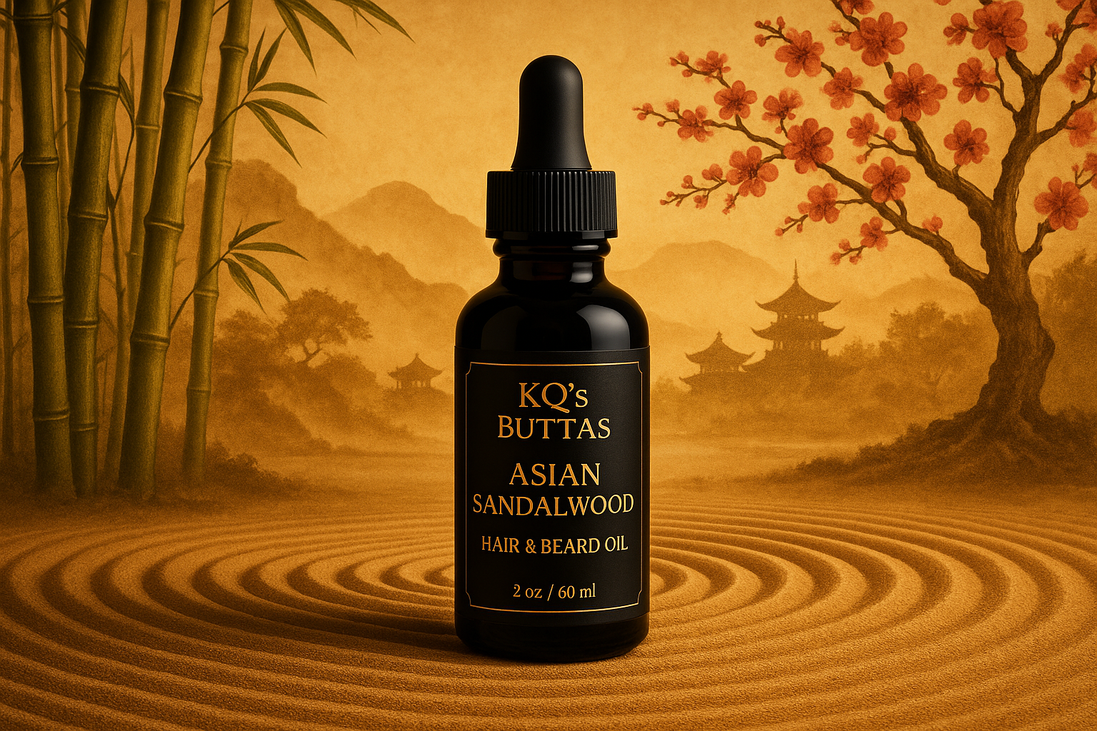 add in a 2oz bottle of KQ's BUTTAs Asian Sandalwood Hair & Beard Oil black bottle