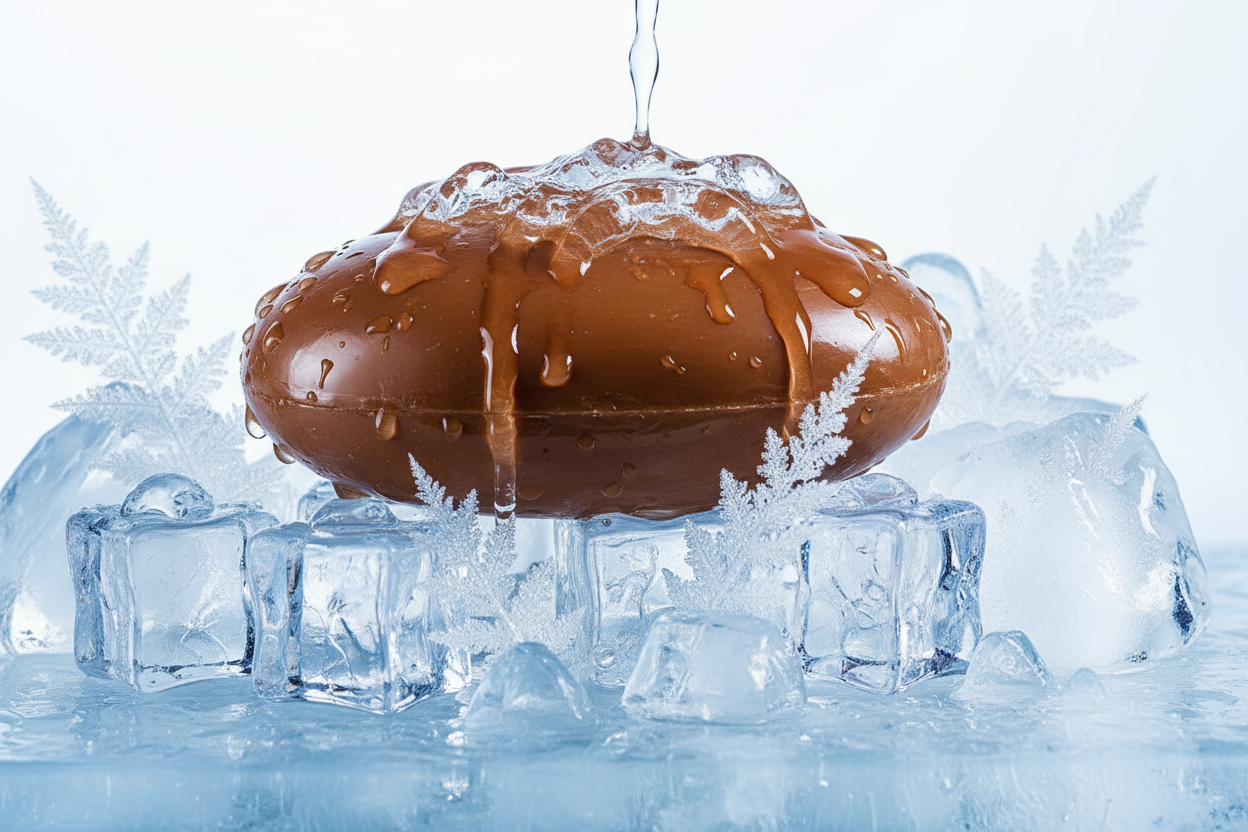 brown oval shaped dripping ice soap bar surrounded by ice
