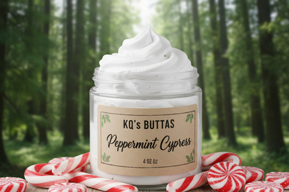 KQ’s BUTTAs Peppermint Cypress whipped body Butta in 4oz open jar with a tranquil surrounding or both peppermint candies and cypress trees