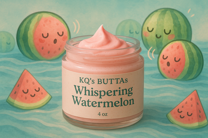 KQ's BUTTAs 4oz open jar of Whispering Watermelon ( with a background of watermelons whispering in water waves 