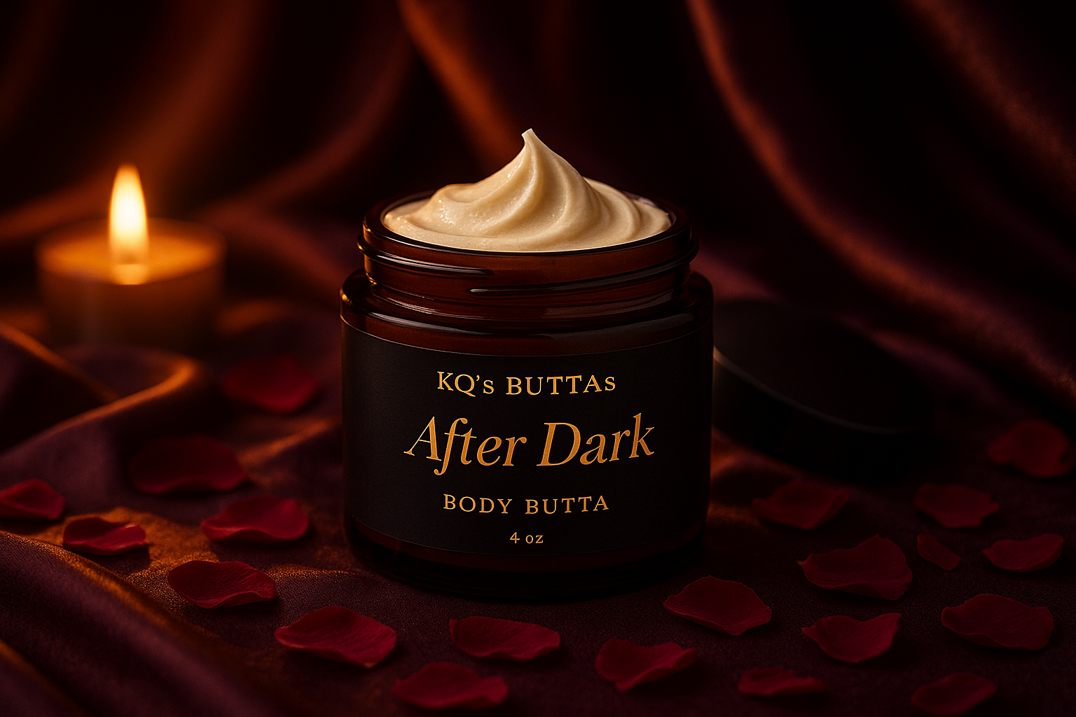 KQ's BUTTAs After Dark Body Butta 4oz make the background sensual and seductive