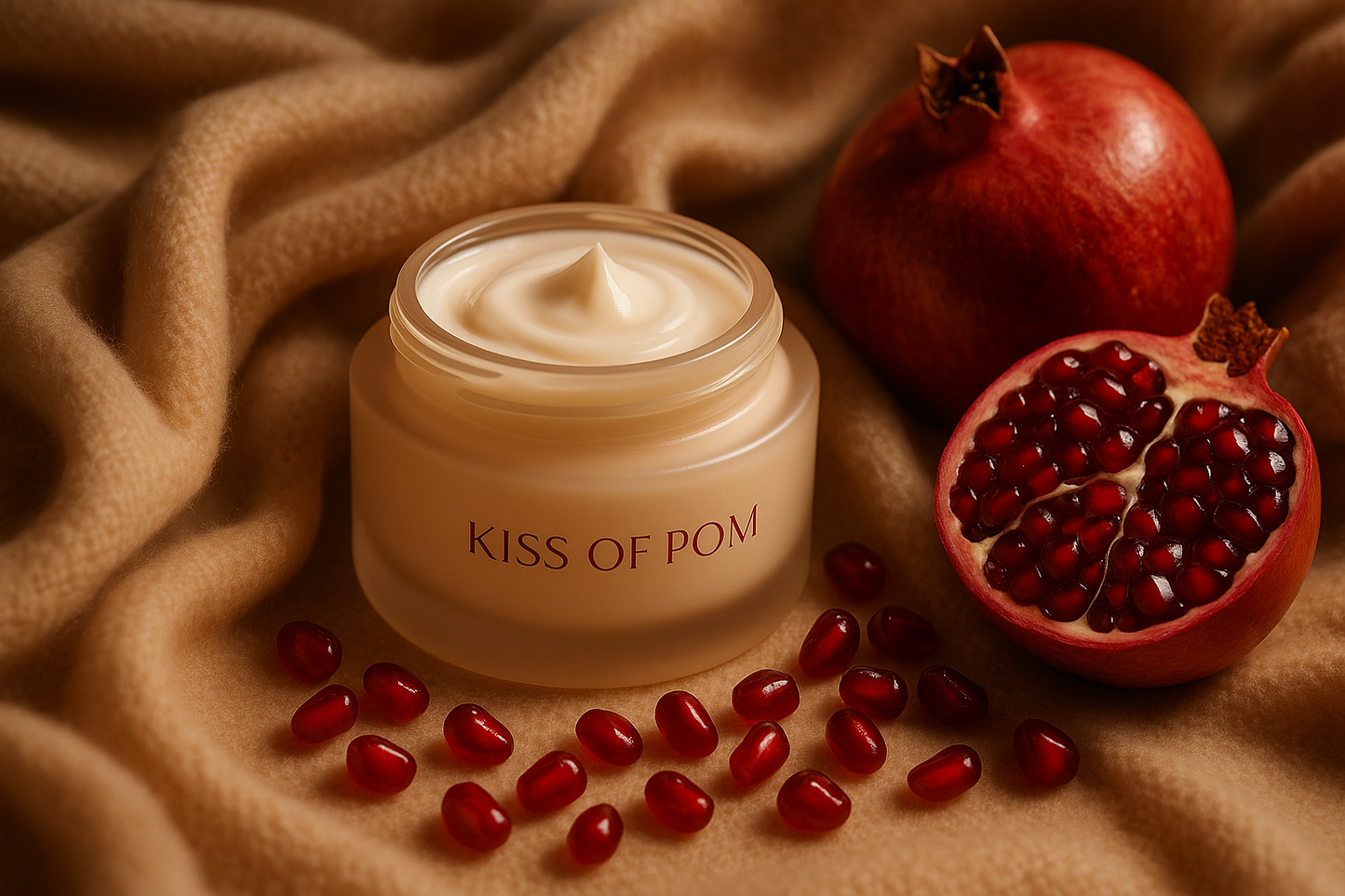 KQ's BUTTAs an open jar of KISS OF POM is surrounded by cashmere and pomegranate