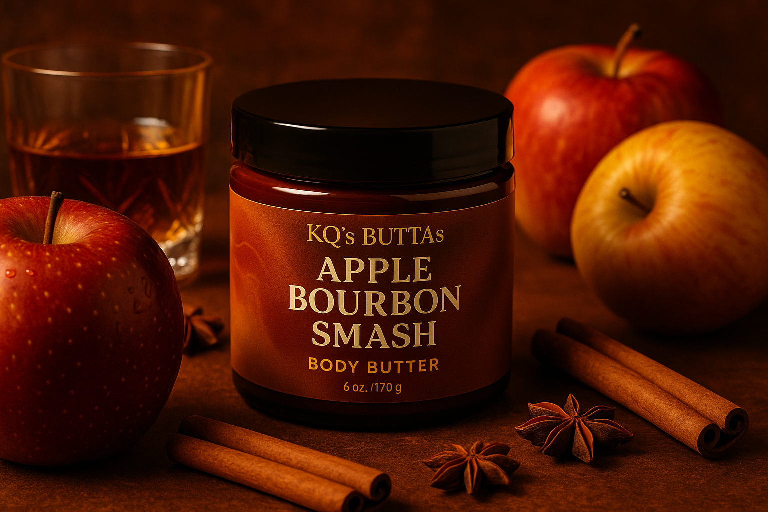 KQ's BUTTAs APPLE BOURBON SMASH Body BUTTER background of apples bourbon and spice use warm colors
