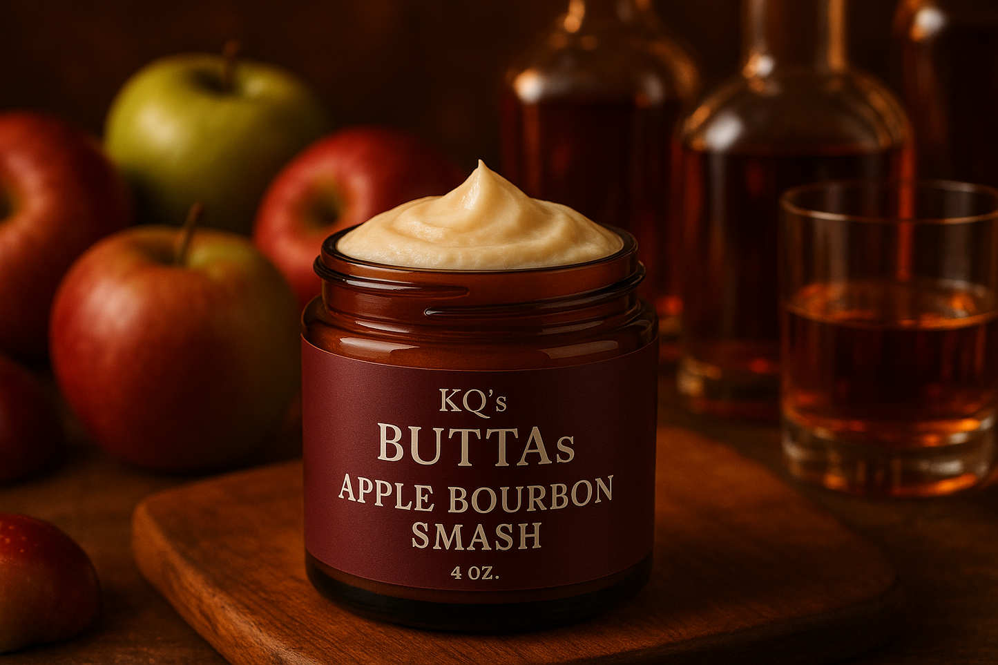 KQ's BUTTAs APPLE BOURBON SMASH in an open 4oz cosmetic jar with a background or various apple and various bourbons by glass and bottle use warm colors