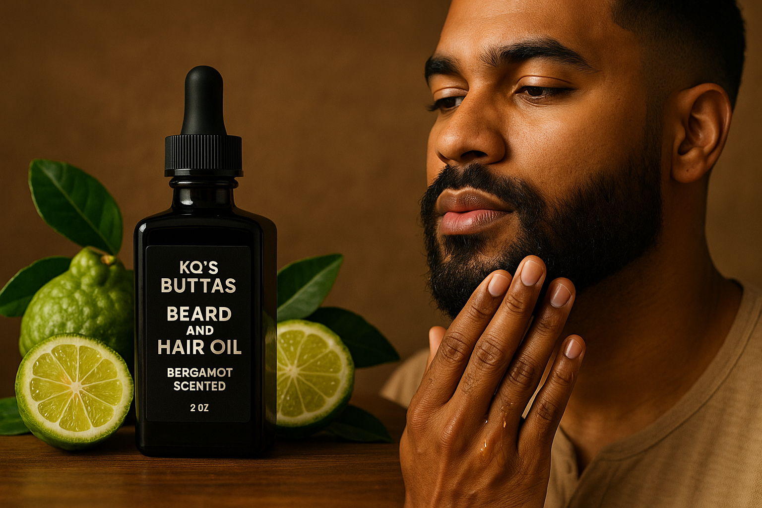 kQ's BUTTAs Beard and hair oil Bergamot Scented 2 oz square glass black bottle make a scent with bergamont fruits and a brown skin man applying the oil