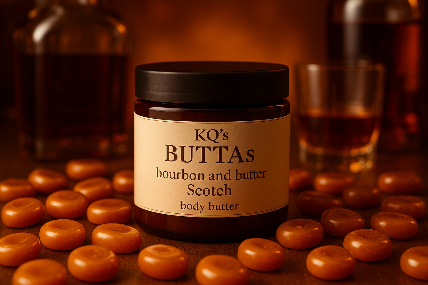 KQ's BUTTAs bourbon and butter Scotch body butter with a background of butterscotch candies and bourbon 