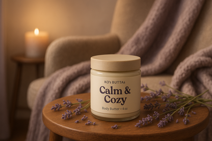 KQ's BUTTAs Calm & Cozy 4oz Body Butter make the scene calm and cozy with a chair blanket and lavender