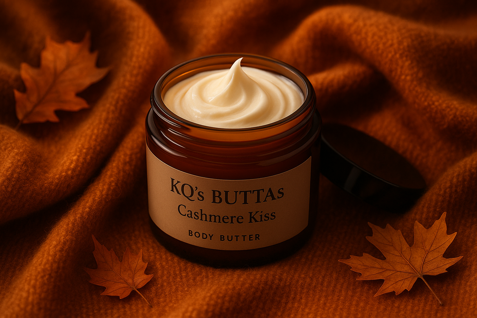 KQ's BUTTAs Cashmere Kiss body butter in an open jar with a warm fall cashmere background