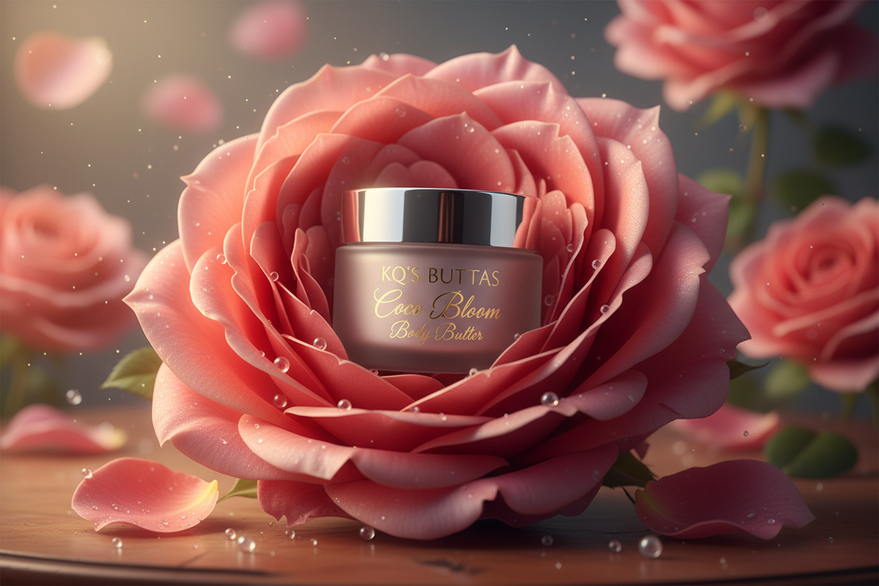 KQ's BUTTAs Coco Bloom 4oz cosmetic jar make it bloom from a rose