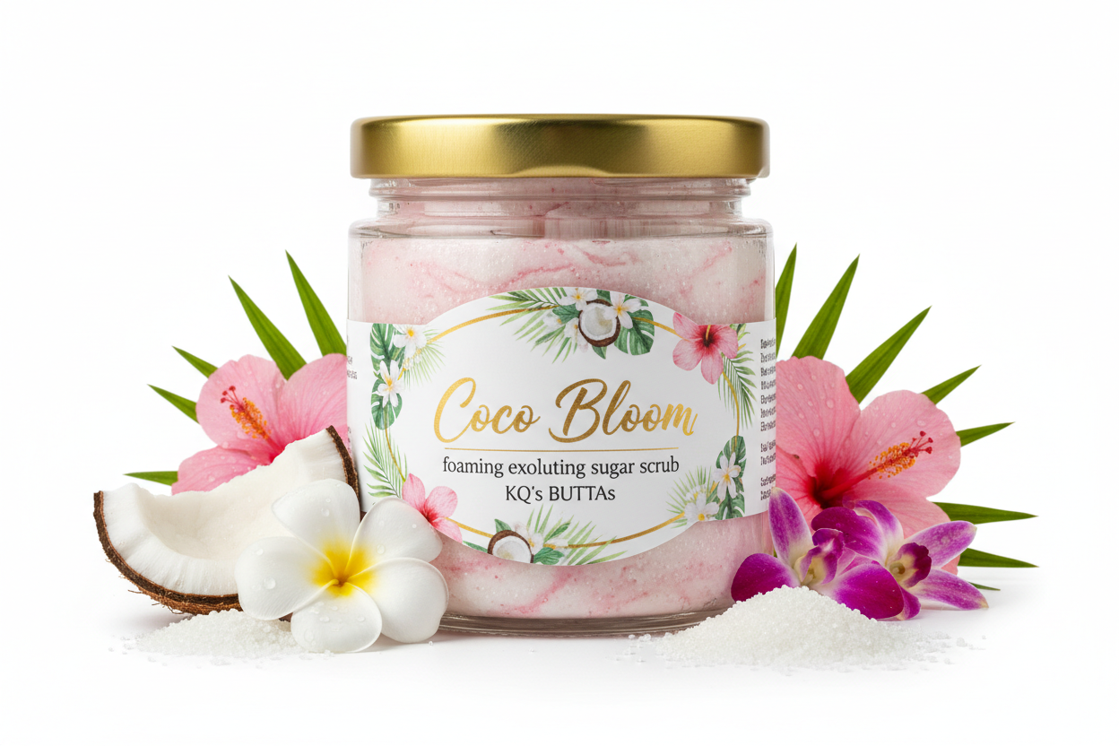 KQ's BUTTAs Coco Bloom Foaming exfoliating sugar scrub 4 oz
