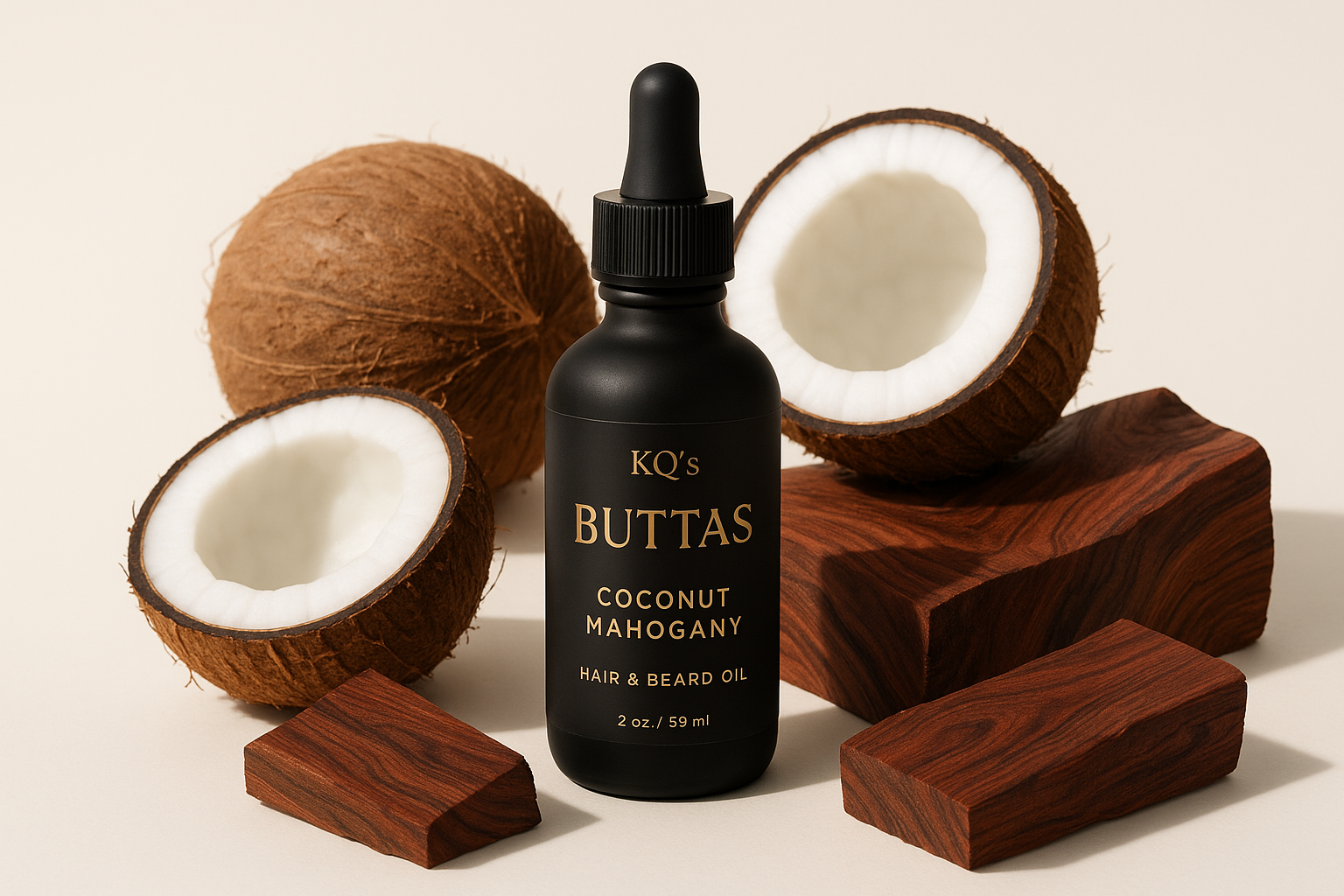 KQ's BUTTAs Coconut Mahogany Hair & Beard Oil 2oz in a black bottle surrounds by coconuts and Mahogany in a light background