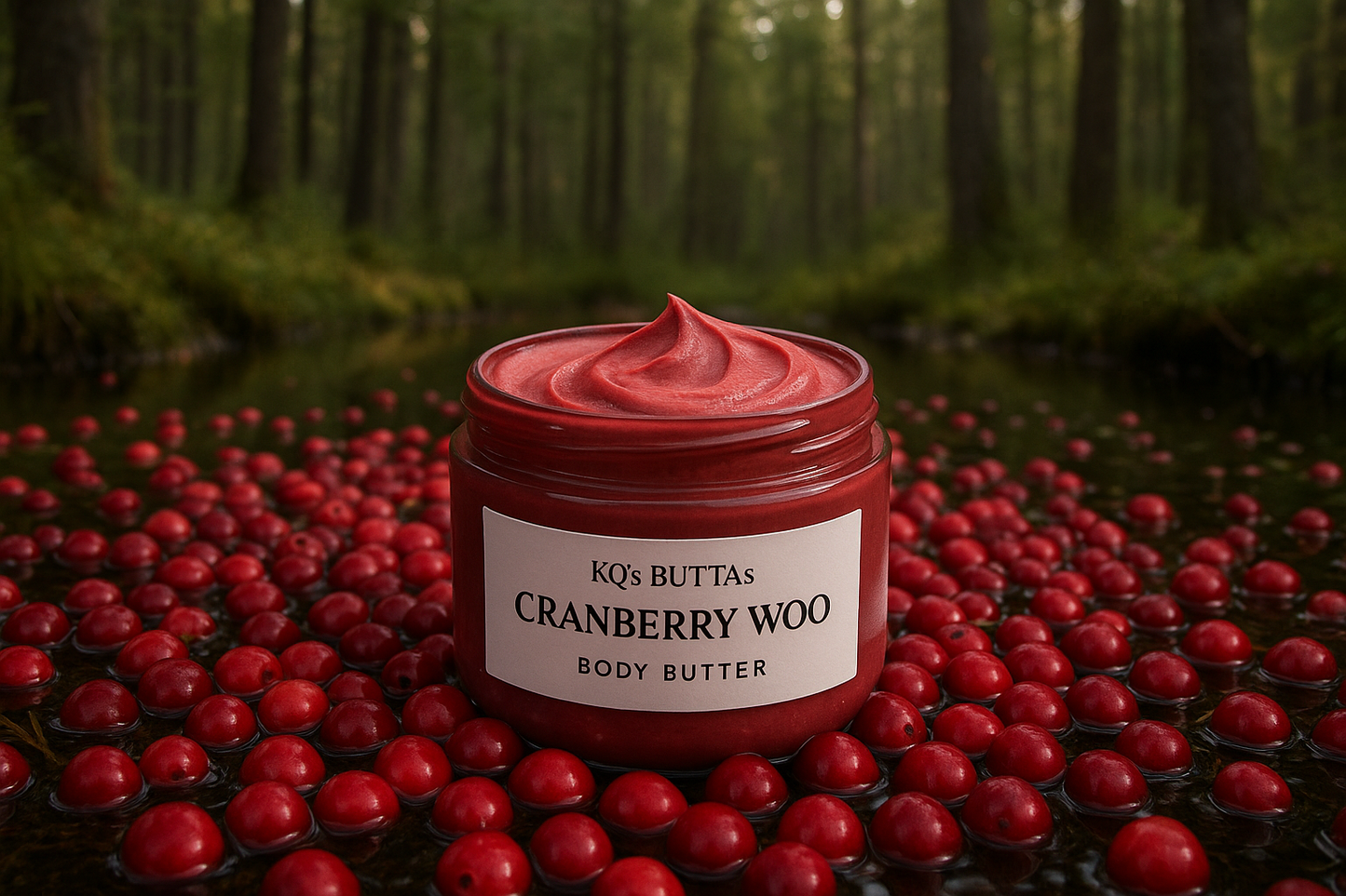 KQ's BUTTAs cranberry Woo body butter in an open cosmetic jar sitting in a cranberry bog in the woods