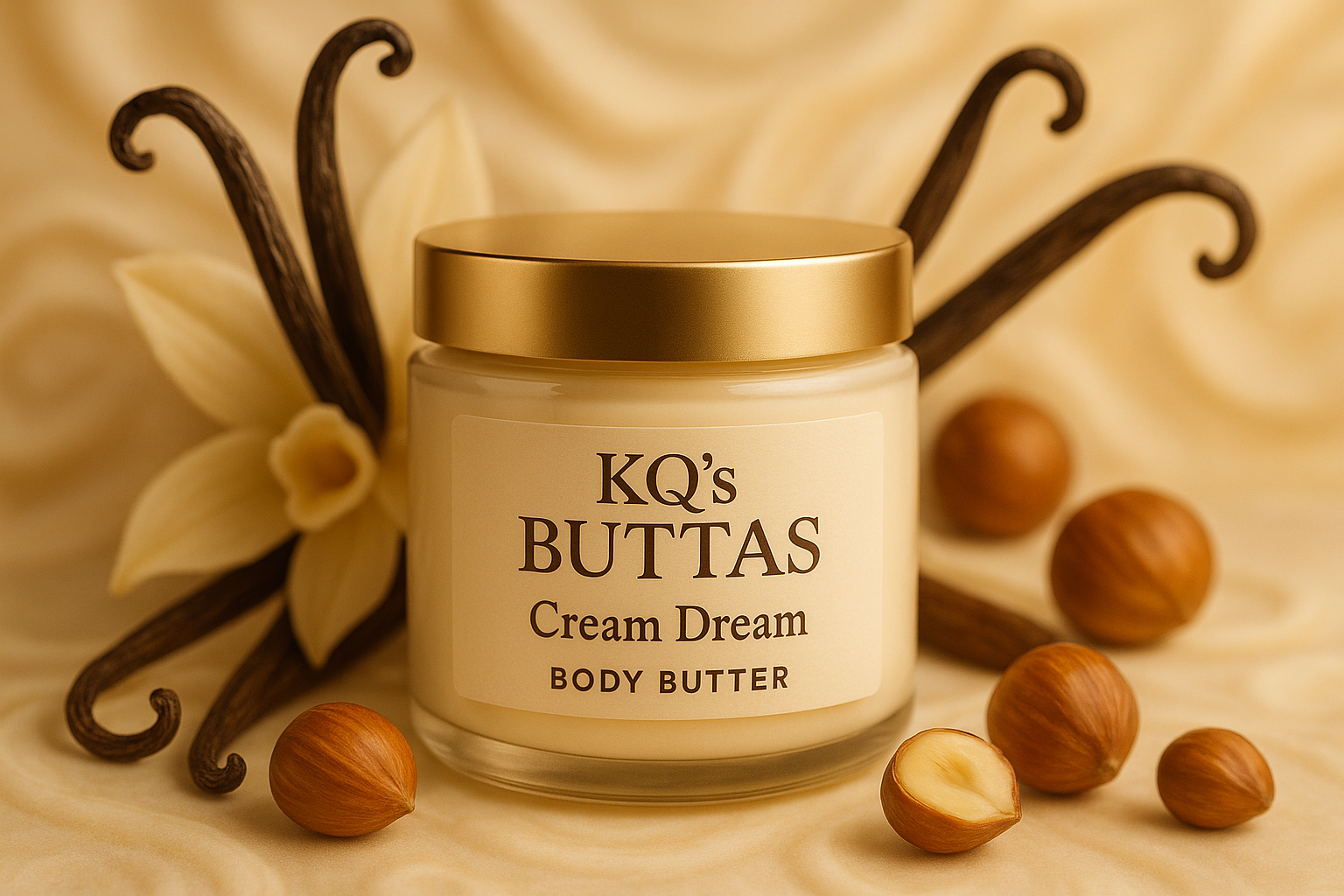 KQ's BUTTAs Cream Dream Body Butter  make background combo of vanilla and hazelnut