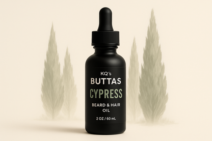 KQ's BUTTAs CYPRESS Beard & Hair oil 2 oz black bottle make light colored back ground of cypress trees 