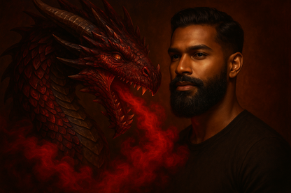 KQ's BUTTAs Dragons Blood Beard and Hair oil add a dragon and a brown skinned bearded man