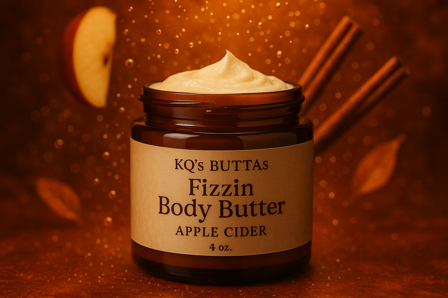 KQ's BUTTAs Fizzin Body Butter 4oz Background Apple cider fizz