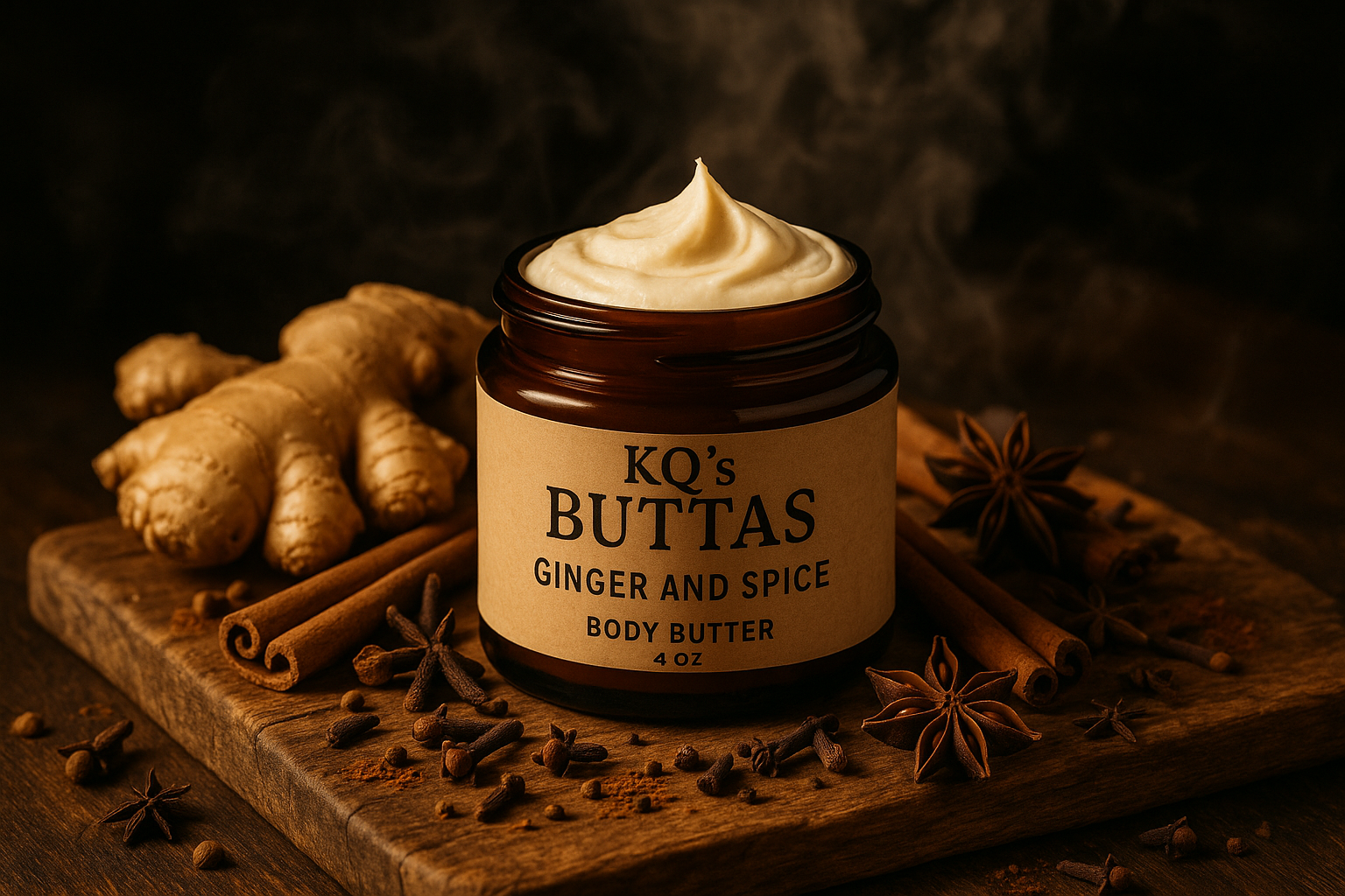 KQ's BUTTAs Ginger and Spice body butter in a 4 oz cosmetic jar open on a rustic wooden cutting board surrounded by ginger and spice and all things nice with smoldering smoke in background