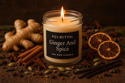 KQ's BUTTAs Ginger And Spice Soy Wax candle surrounded by ginger and spice and everything nice