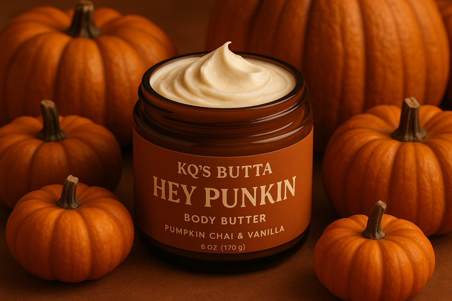KQ's BUTTAs HEY PUNKIN (pumpkin chai and vanilla) BODY BUTTER open jar surrounded by pumpkins of all sizes