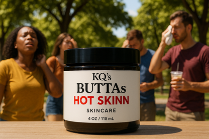 KQ's BUTTAs HOT SKINN 4oz jar make background outside with people trying to cool off