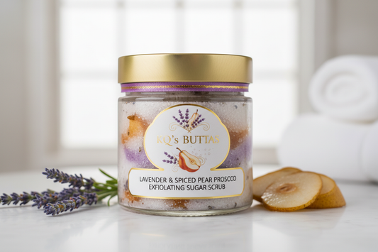 KQ's BUTTAs Lavender and Spiced Pear Prosecco exfoliating sugar scrub 4oz