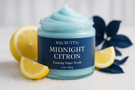 KQ's BUTTAs Midnight Citron light blue Foaming Exfoliating Sugar Scrub