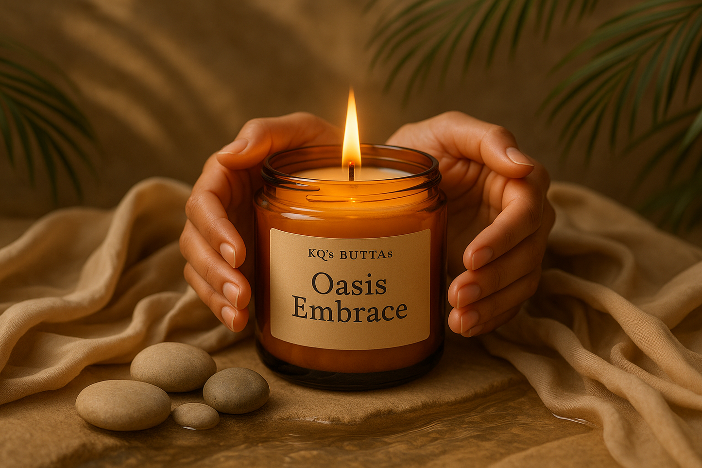 KQ's BUTTAs Oasis Embrace open jar candle being embraced in a serine setting