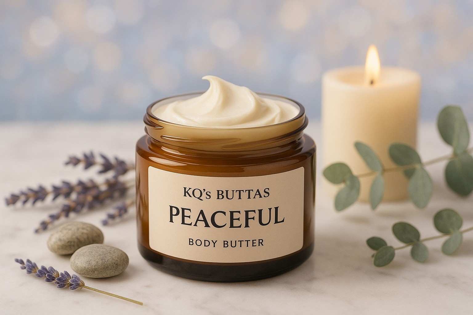 KQ's BUTTAs PEACEFUL body butter in an open cosmetic jar make the surroundings peaceful and serine