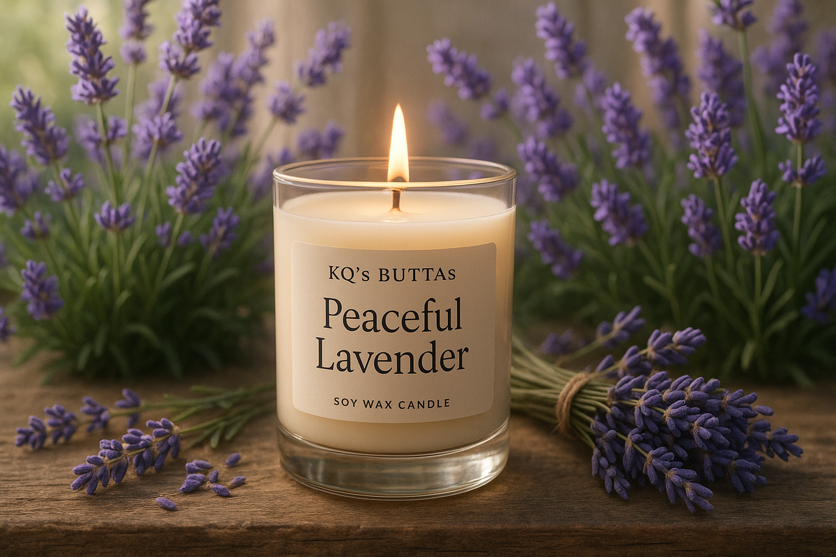KQ's BUTTAs Peaceful Lavender Soy Wax Candle in a peaceful setting surrounded by lavender