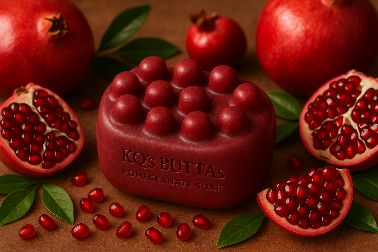 KQ's BUTTAs Pomegranate Soap in a massage bar shape surrounded by Pomegranates 