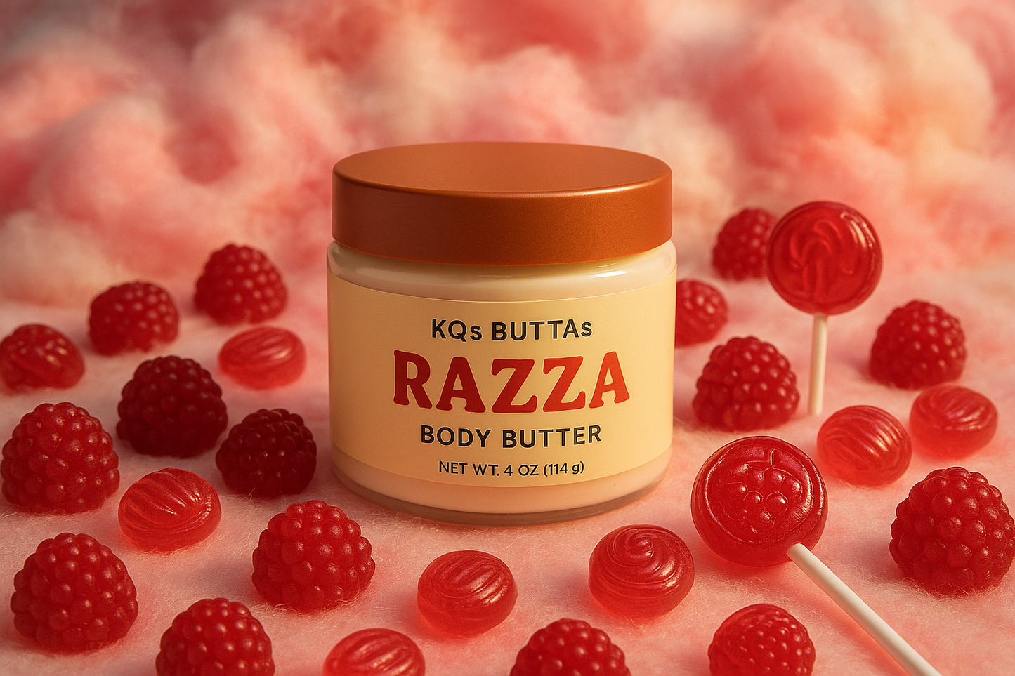 KQ's BUTTAs Razza Body Butter surrounded by raspberry childhood candies in a cotton candy type background