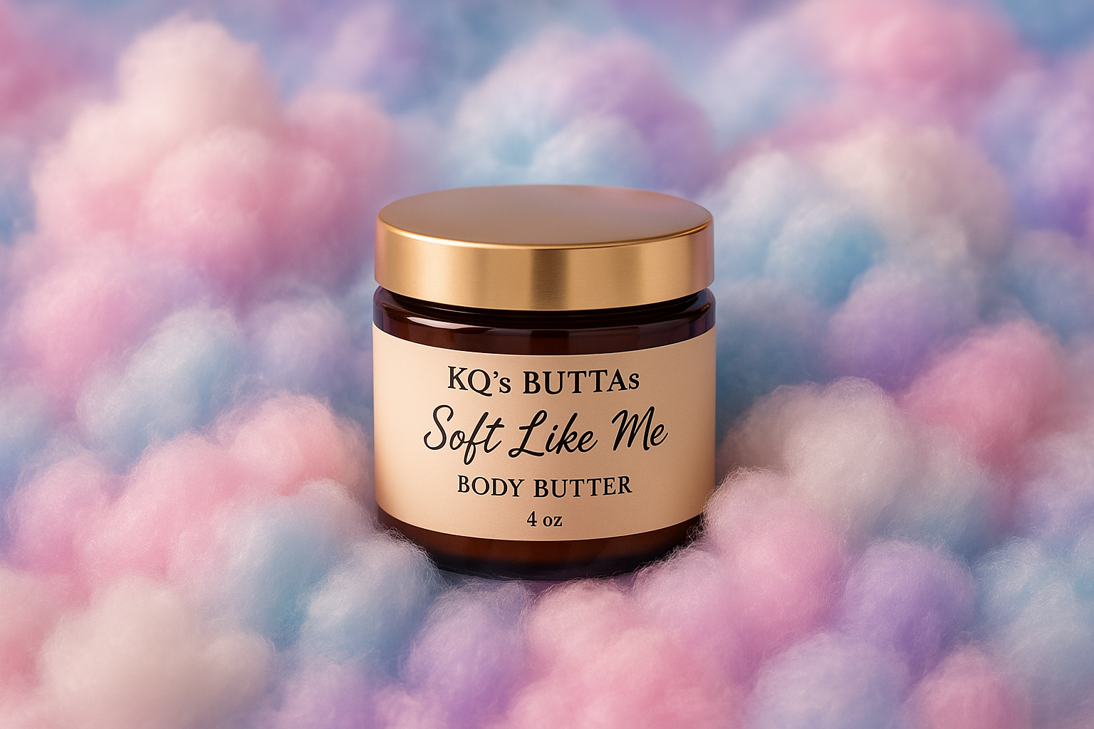 KQ's BUTTAs Soft Like Me 4oz Body Butter placed on cotton candy clouds of various colors