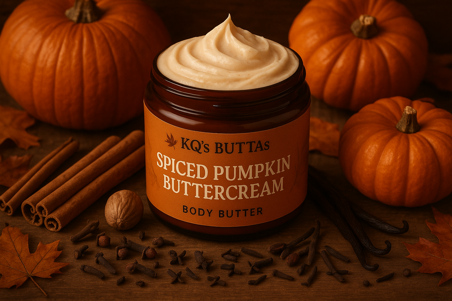 KQ's BUTTAs Spiced Pumpkin Buttercream Body Butter surrounded by pumpkins and spice and every thing nice