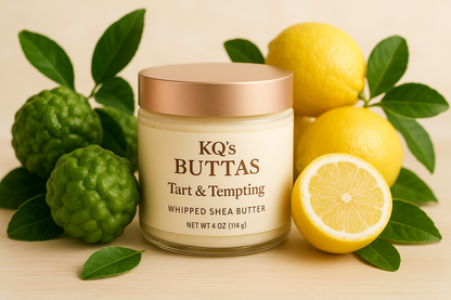 KQ's BUTTAs Tart & Tempting Whipped Shea Butter surrounded by Bergamont and lemons make it cute and welcoming