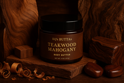 KQ's BUTTAs Teak wood Mahogany body butter 4 oz jar surrounded by teakwood and mahogany 