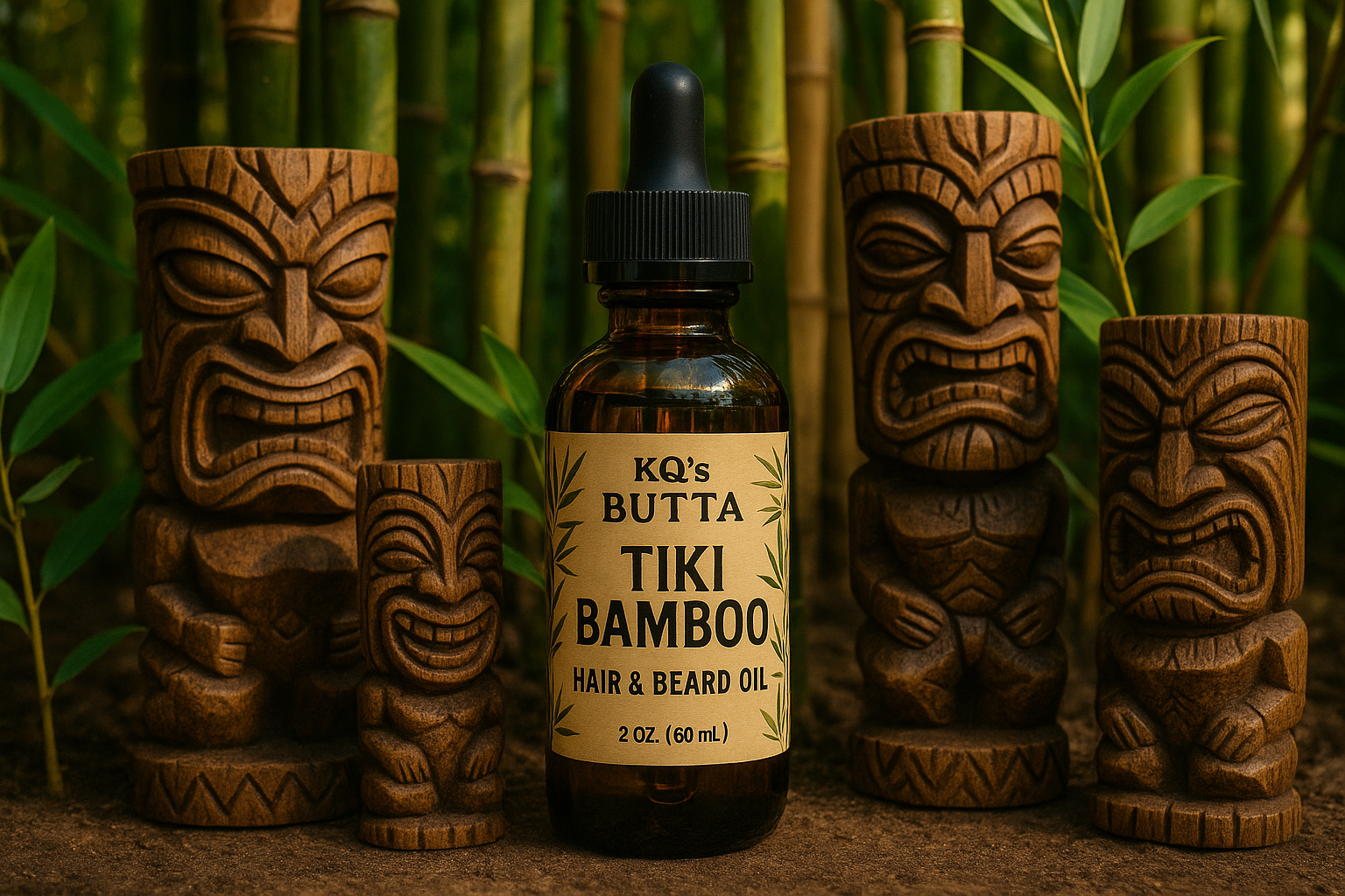 KQ's BUTTAs TIKI BAMBOO Hair & Beard Oil surrounded by tikis and bamboo