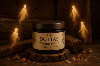 KQ's BUTTAs Timber Souls Whipped Shea Butter surrounded by timber and souls