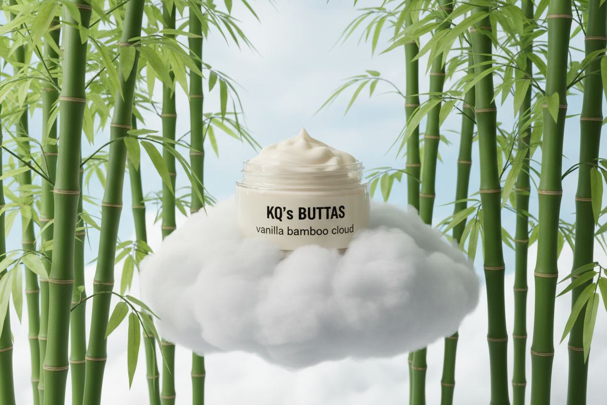 KQ's BUTTAs vanilla bamboo cloud 4oz clear cosmetic jar on a cloud of green bamboo make all letters black to stand out