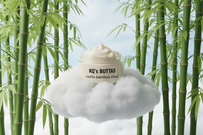 KQ's BUTTAs vanilla bamboo cloud 4oz clear cosmetic jar on a cloud of green bamboo make all letters black to stand out