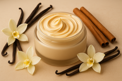 KQ's BUTTAs vanilla swirl body butta in an open cosmetic jar surrounded by vanilla beans/flowers, cinnamon etc