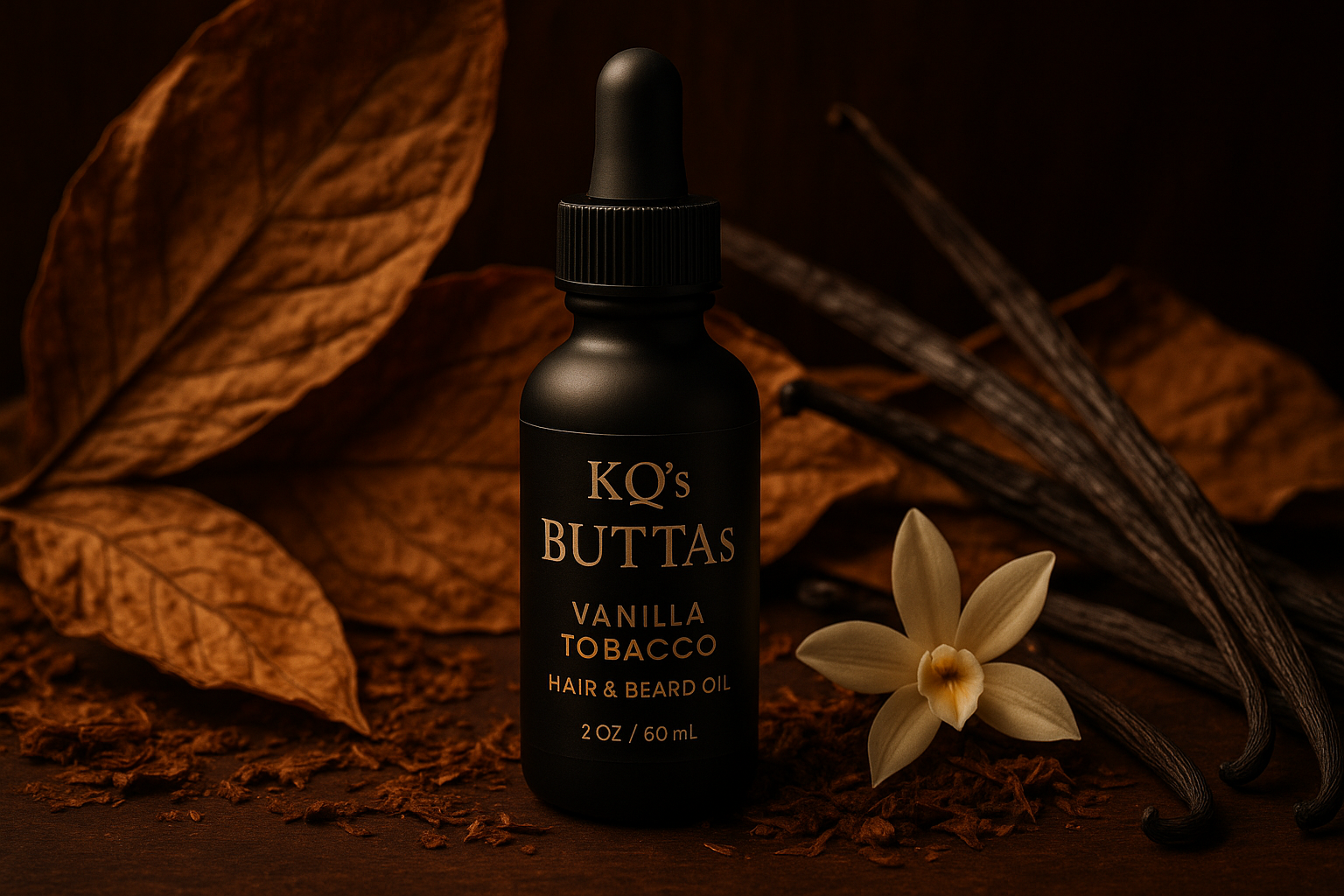 KQ's BUTTAs Vanilla Tobacco Hair & Beard oil in a black 2oz bottle surrounded by a sexy tobacco and vanilla background